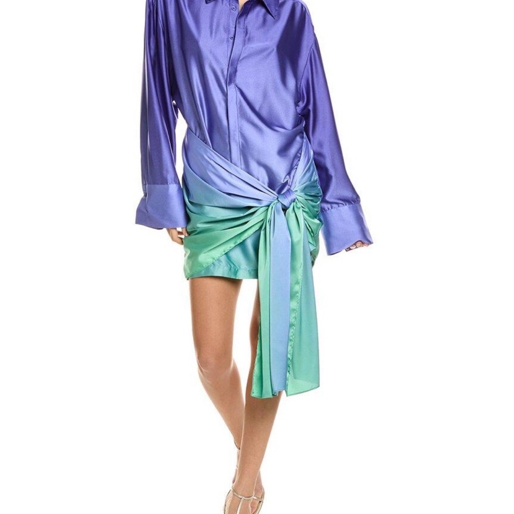 Bardot Purple and Green Satin Midi Dress with Draped Tie